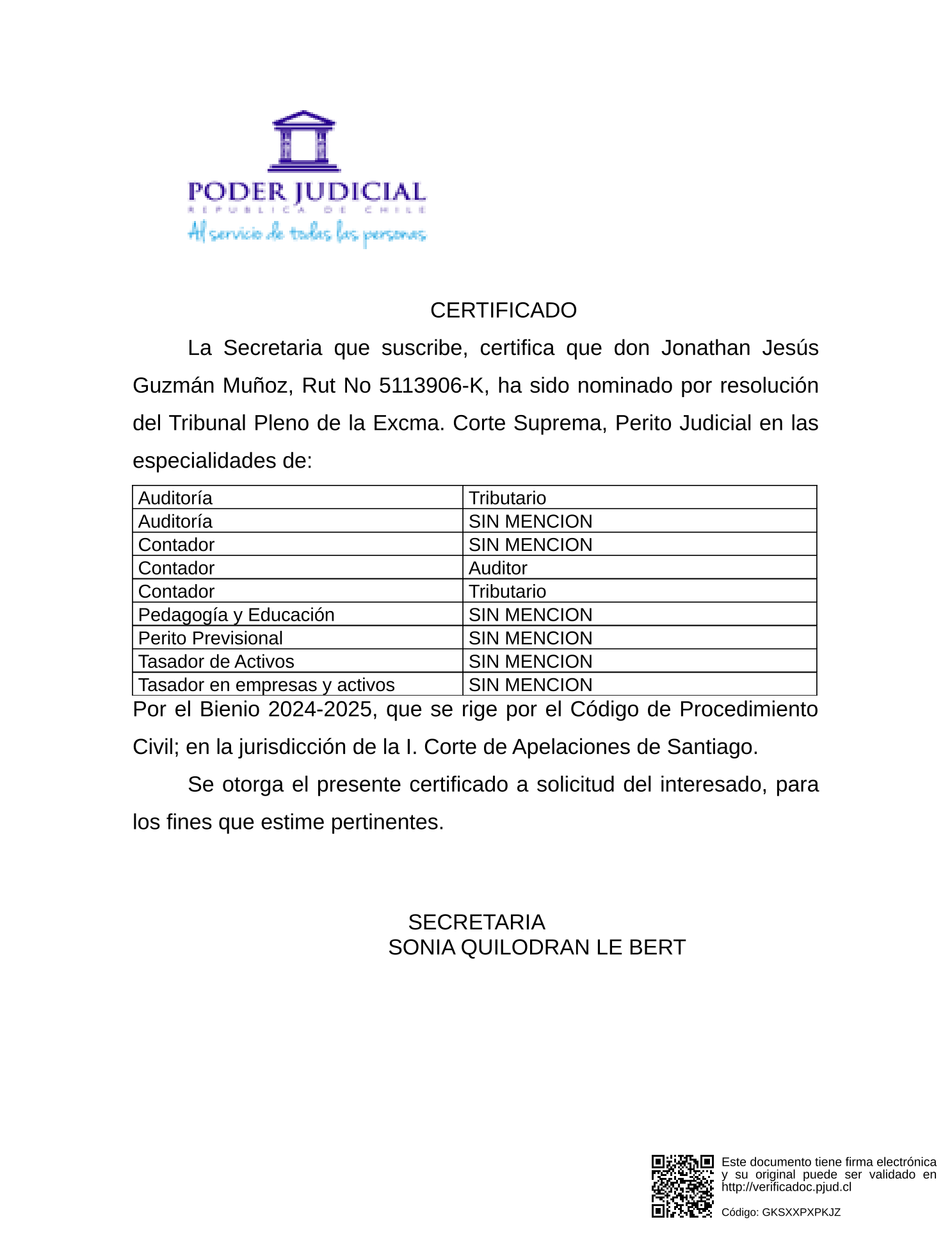 Certificado de Perito Judicial Santiago, bienio 2024–2025